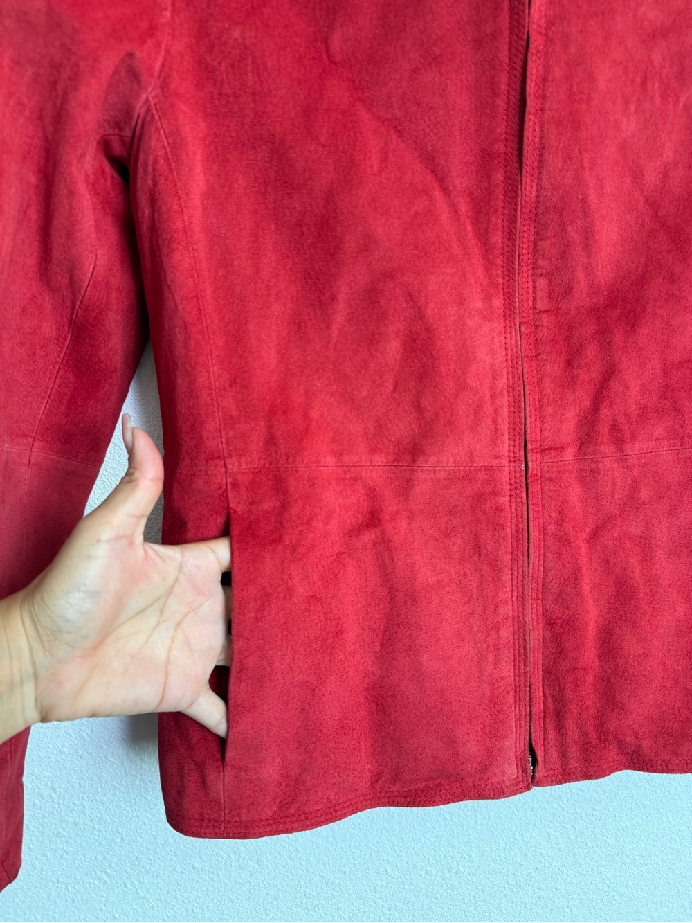 Charter Club Petite Red Suede Leather Jacket Y2K Moto Zip Front 90s Minimalist - Picture 4 of 13